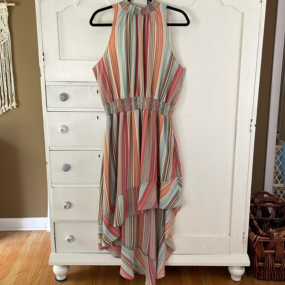 Belle & Sky Dress Colorful Textured halter high low midi XL